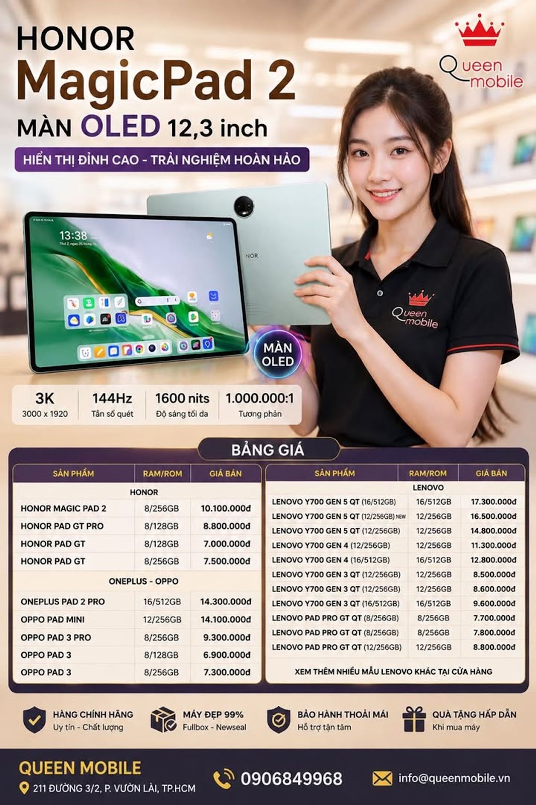 BẢNG GIÁ TABLET HONOR – OPPO – ONEPLUS – LENOVO TẠI QUEEN MOBILE ♾️