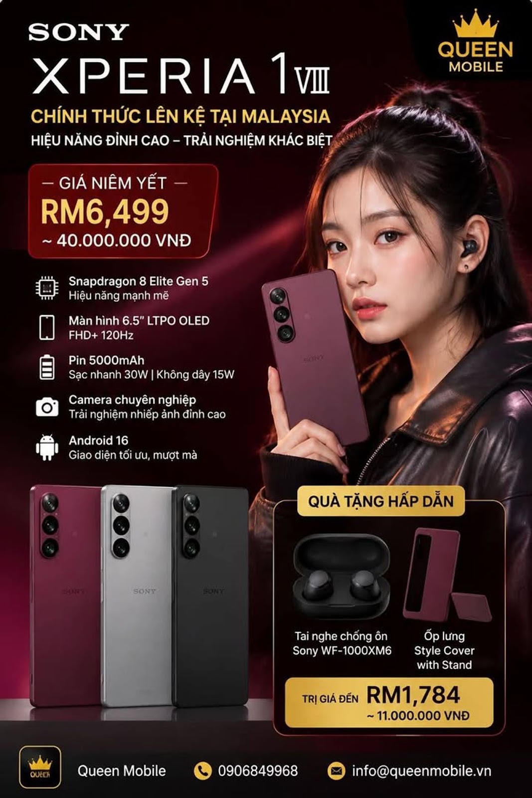 Sony Xperia 1 VIII chính thức mở bán tại Malaysia, giá khoảng 40 triệu đồng kèm tai nghe Sony WF-100