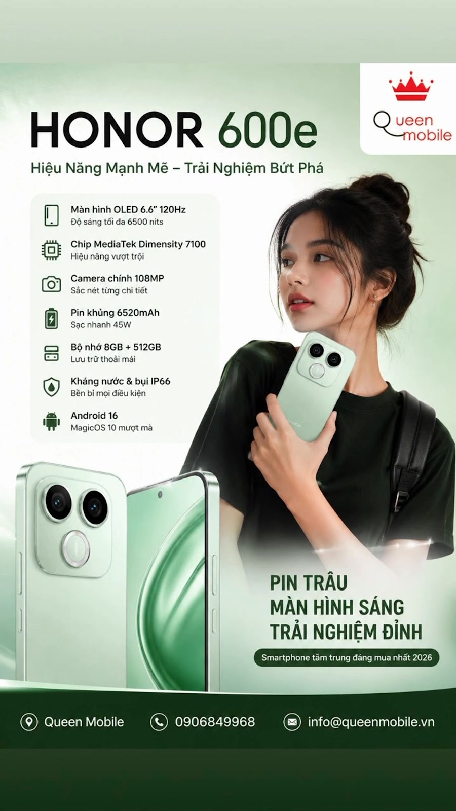 Honor 600e lộ cấu hình cực khủng với pin 6520mAh, màn hình OLED 120Hz và camera 108MP
