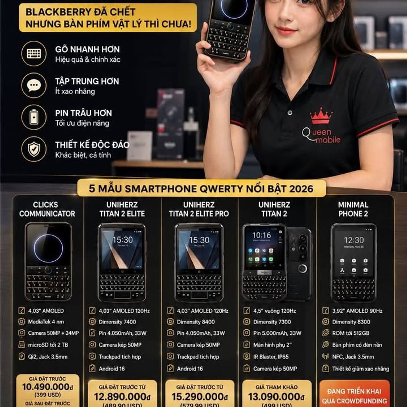 Điện thoại bàn phím QWERTY trở lại năm 2026, Clicks Communicator, Unihertz Titan 2 Elite và Minimal 