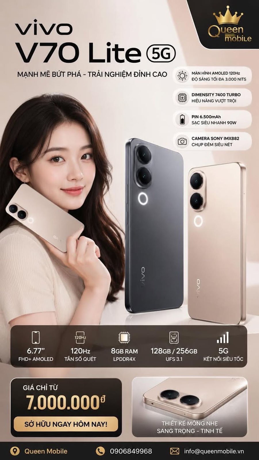 vivo V70 Lite 5G Chính Thức Ra Mắt, Màn Hình 3.000 Nits, Pin 6.500mAh, Sạc 90W Gây Chú Ý