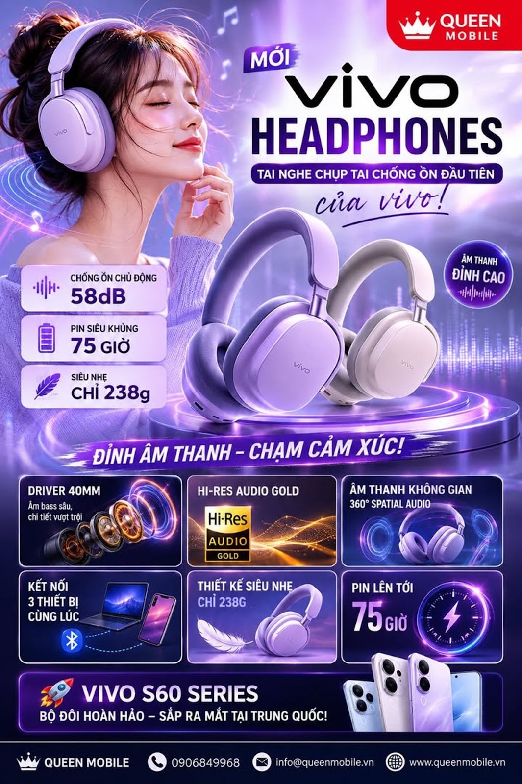 Vivo S60 Series ra mắt cùng tai nghe chụp tai chống ồn đầu tiên của vivo, liệu các ông lớn Sony và J
