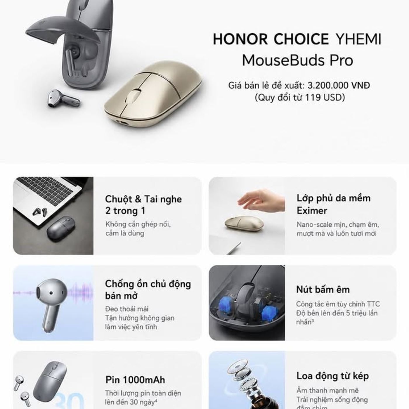 HONOR ra mắt chuột kiêm tai nghe MouseBuds Pro với thiết kế 2 trong 1 gây bất ng...