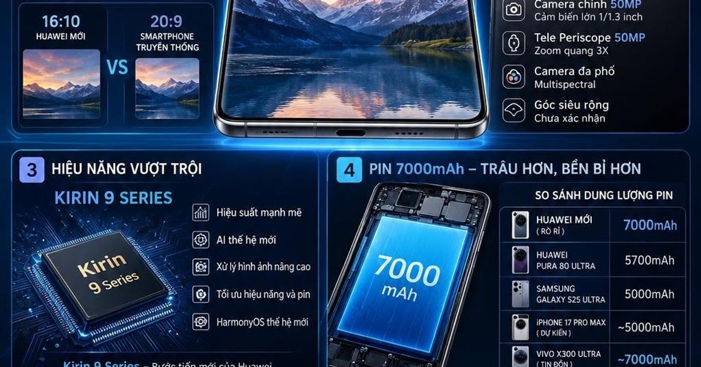 Huawei Đang Chuẩn Bị Một Siêu Flagship Mới Với Màn Hình 16:10, Pin 7000mAh Và Camera Khủng?