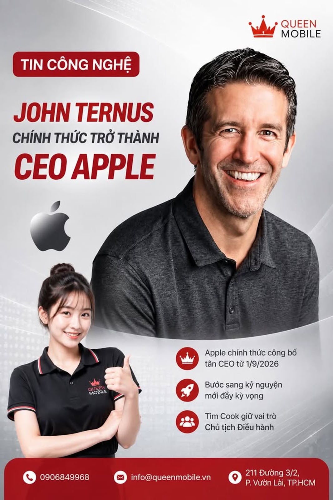 John Ternus chính thức trở thành CEO Apple từ ngày 1/9/2026, Tim Cook chuyển sang Chủ tịch Điều hành