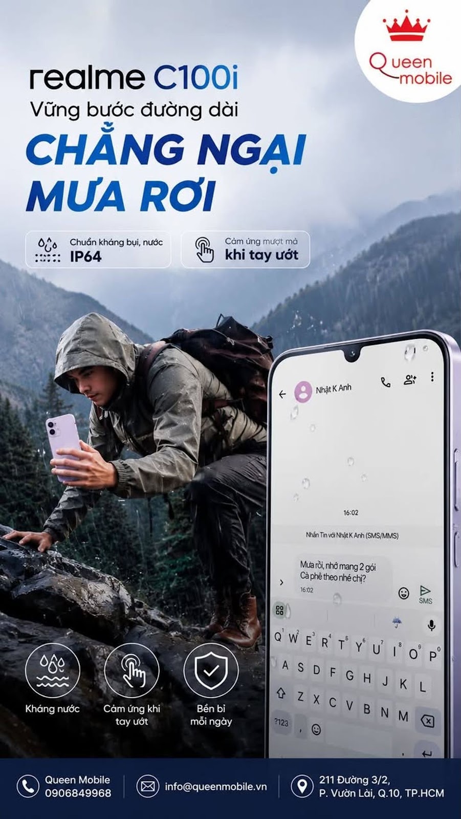 realme C100i quảng bá khả năng cảm ứng khi tay ướt và chuẩn kháng bụi nước IP64 #realme #realmeC100i