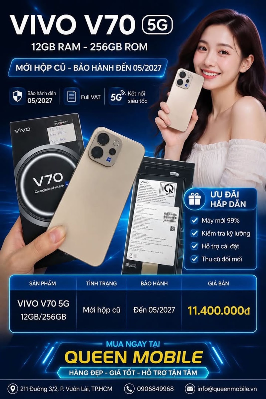 Vivo V70 5G 12GB/256GB mới hộp cũ giá cực hấp dẫn tại Queen Mobile #VivoV70 #Vivo #ĐiệnThoạiVivo #Qu