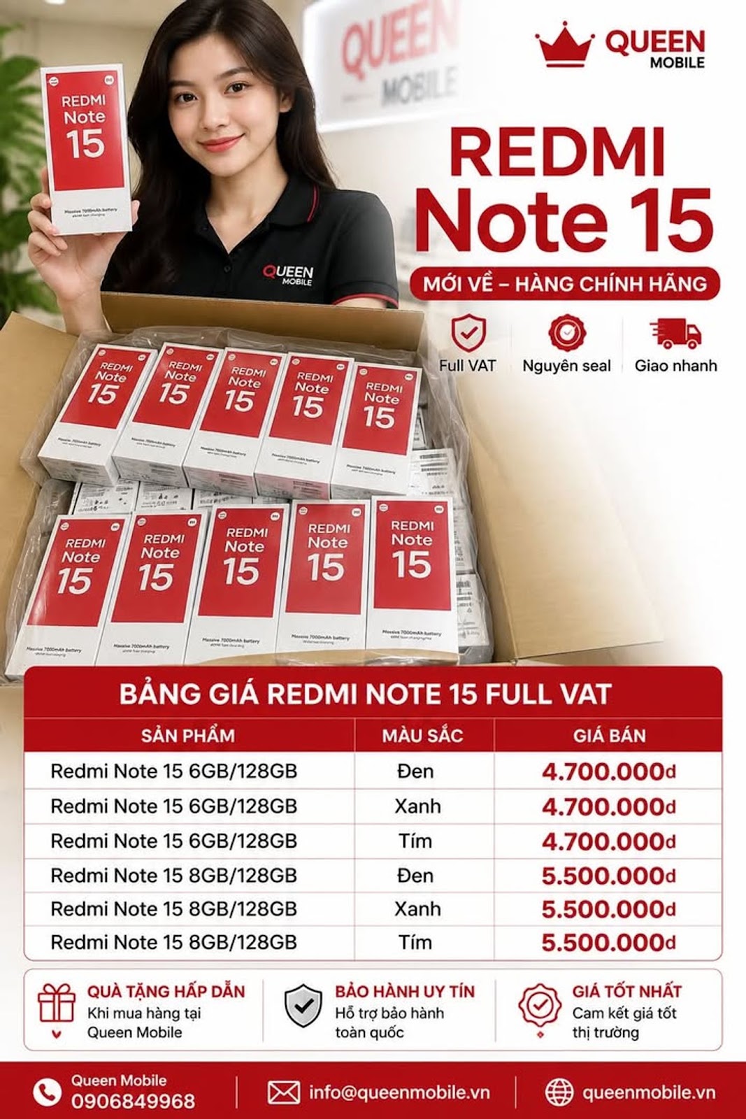 Bảng giá Redmi Note 15 Full VAT tại Queen Mobile