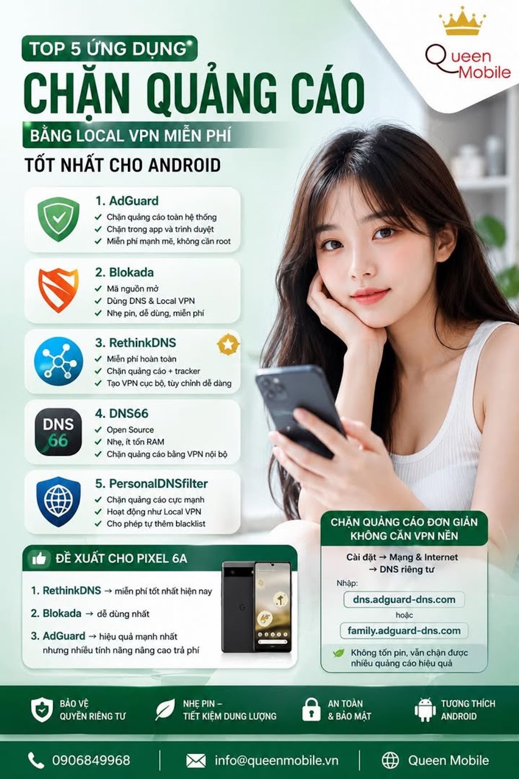 Nếu bạn muốn chặn quảng cáo bằng Local VPN (không cần root, miễn phí), đây là các ứng dụng phổ biến 