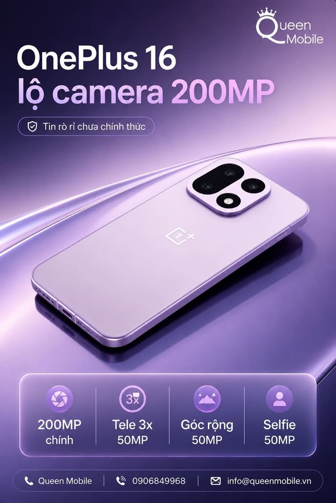 OnePlus 16 rò rỉ cấu hình camera với cảm biến chính 200MP, tele tiềm vọng Sony 50MP và selfie 50MP #