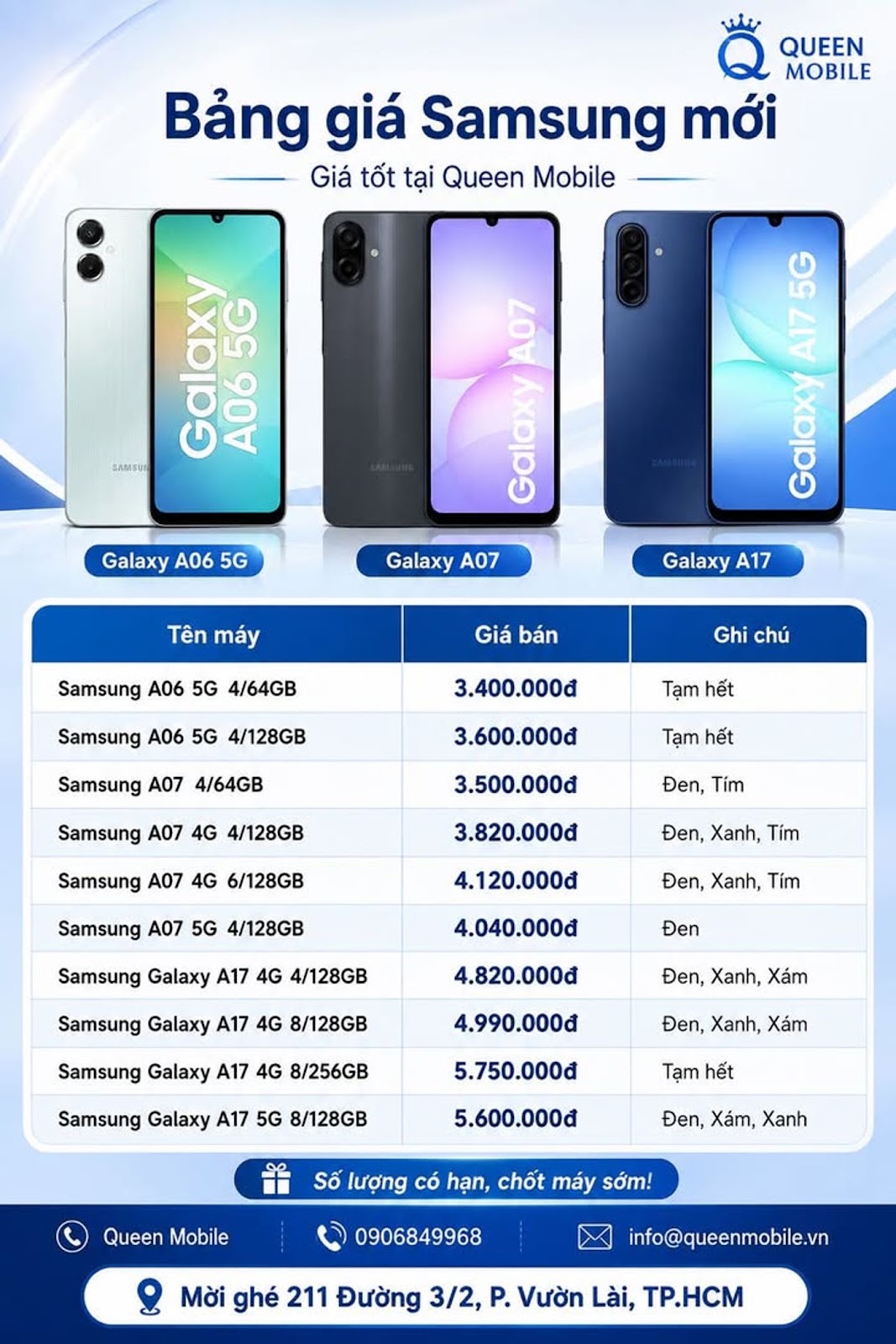 BẢNG GIÁ SAMSUNG MỚI TẠI QUEEN MOBILE