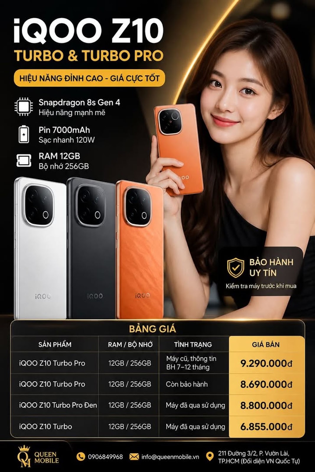 BẢNG GIÁ iQOO Z10 TURBO & Z10 TURBO PRO 12GB/256GB – HIỆU NĂNG CAO, PIN LỚN, CHƠI GAME CỰC ĐÃ