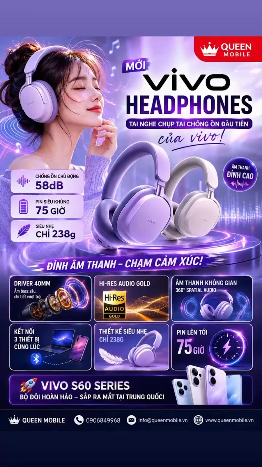 Vivo S60 Series ra mắt cùng tai nghe chụp tai chống ồn đầu tiên của vivo, liệu các ông lớn Sony và J