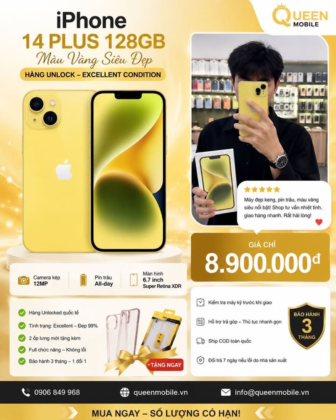 iPhone 14 Plus 128GB màu vàng giá chỉ 8.900.000 VND tại Queen Mobile #iPhone14Plus #iPhone14 #Apple 