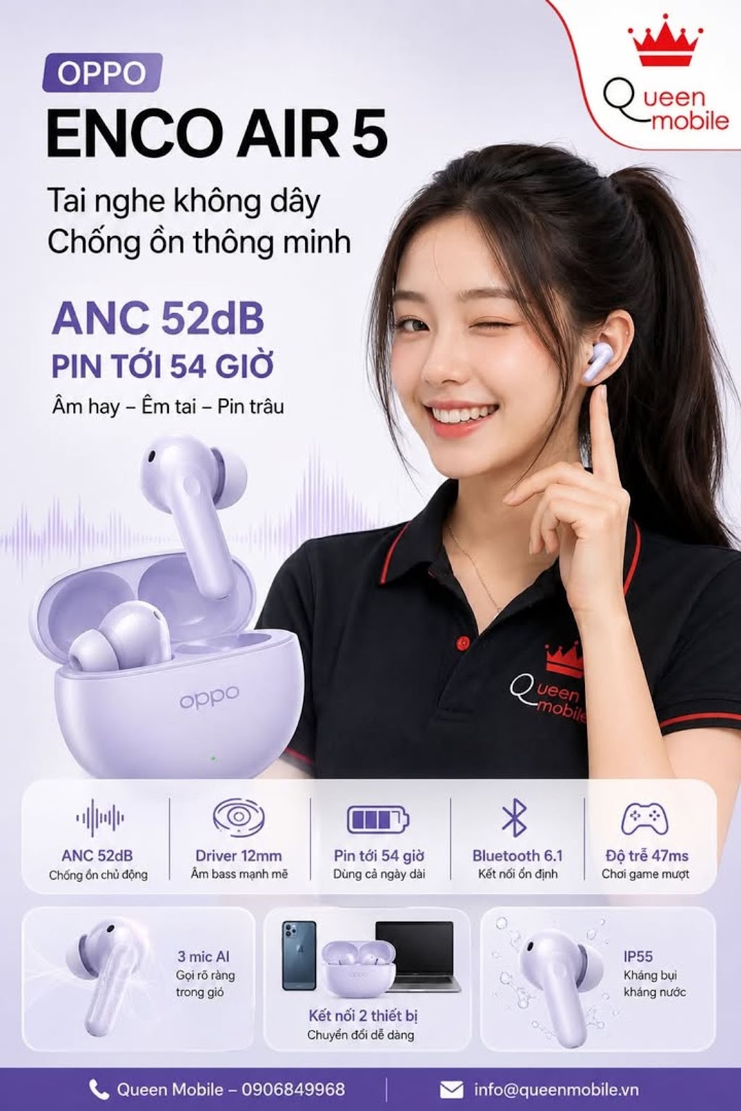 Oppo Enco Air 5 gây chú ý với ANC 52 dB, Bluetooth 6.1 và pin tới 54 giờ #OppoEncoAir5 #OPPO #TaiNgh