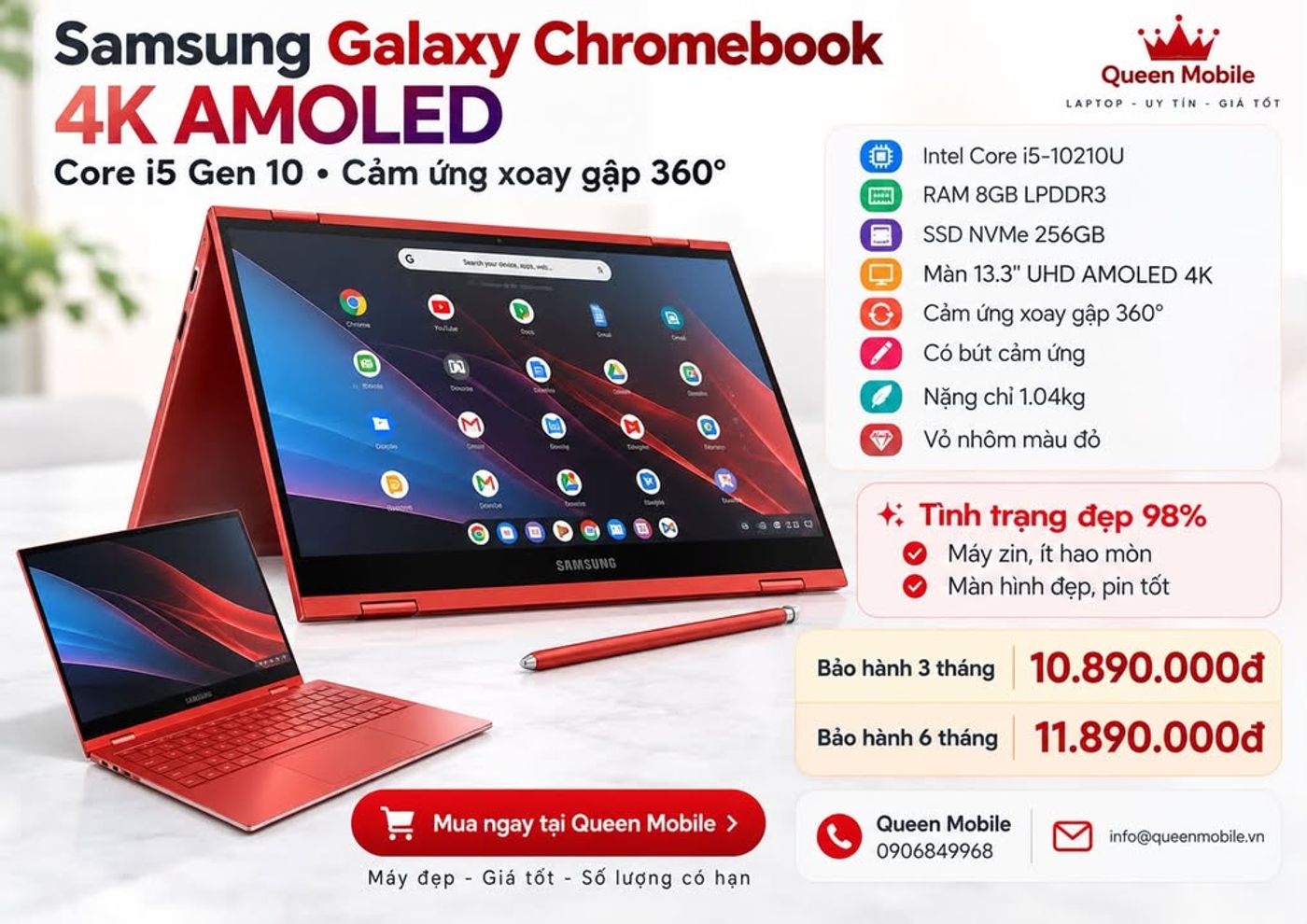 SAMSUNG GALAXY CHROMEBOOK 4K AMOLED – CORE i5 GEN 10 – XOAY GẬP 360° – SIÊU MỎNG NHẸ, ĐẸP 98%